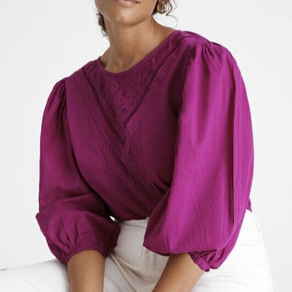 Anthropologie Tops - Anthropologie Farm Rio Kelsie Peasant Blouse NWT XS Puff Sleeve Lace Bib Boho